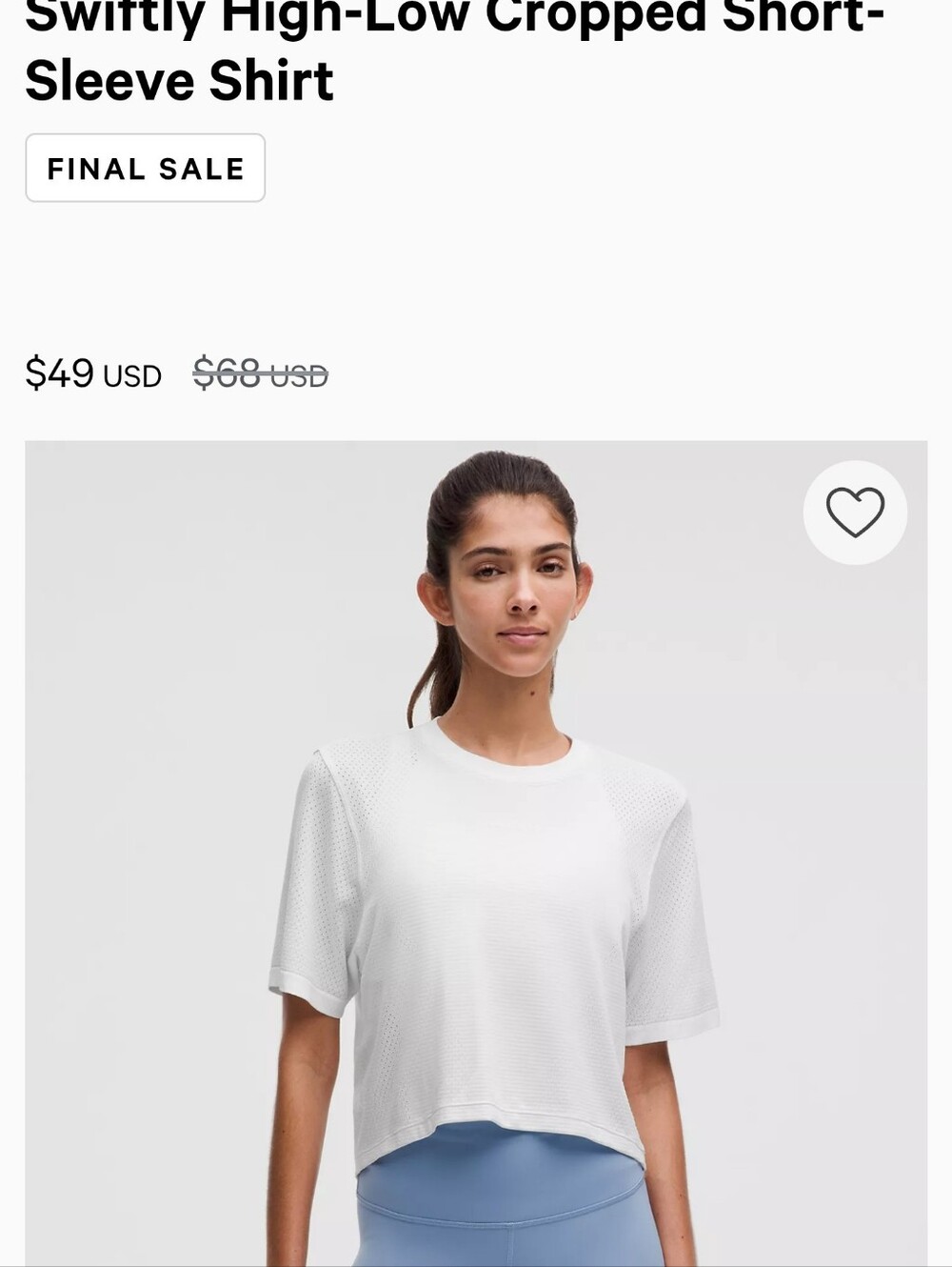 lululemon athletica White Swiftly High-Low Cropped Short-Sleeve Top Size 4
